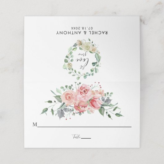 Liebe gelassen Pink Blume Name Tischnummer Skript Platzkarte (Außenseite Aufgefaltet)