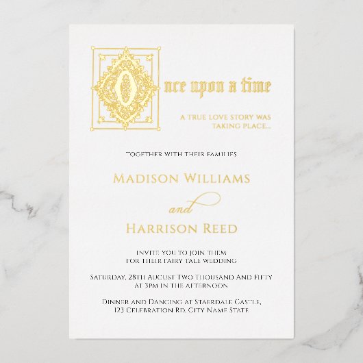 Liebe-Geschichte einmal auf Hochzeit Gold Folieneinladung (Vorderseite)