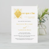 Liebe-Geschichte einmal auf Hochzeit Gold Folieneinladung (Stehend vorne)