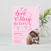 Liebe Geschichte Retro Hot Rosa Foto Brautparty Einladung (Stehend Vorderseite)