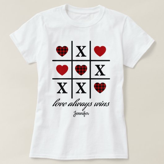 Liebe gewinnt immer Tic Tac Toe Red Buffalo Herz T-Shirt (Design vorne)
