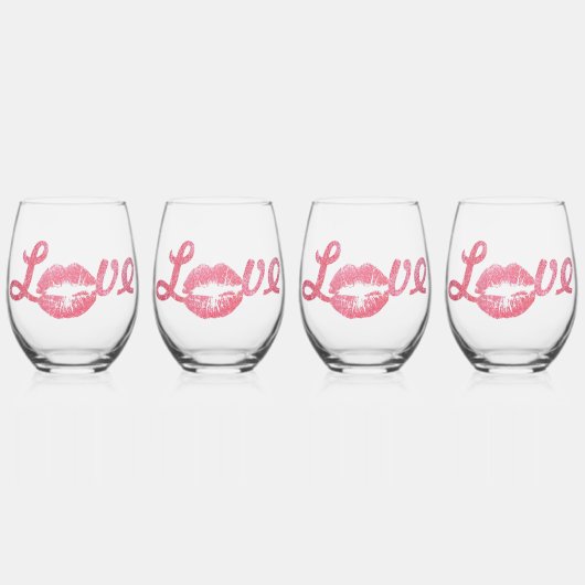 Liebe Glitzer Pink Lipstick Kiss Weinglas Ohne Stiel (Vorderseite)