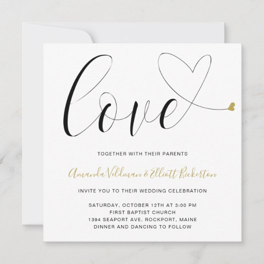 Liebe Gold Heart Black and White Modern Wedding Einladung (Vorderseite)