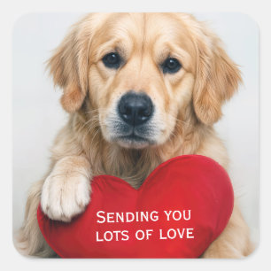 Liebe Golden Retriever mit einem roten Herz Kissen Quadratischer Aufkleber