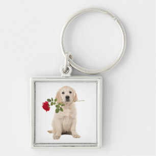 Liebe Golden Retriever Welpe Hund Roter Rose Schlü Schlüsselanhänger