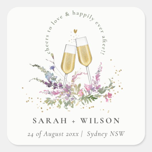 Liebe Goldweingläser Blumenzehen Quadratischer Aufkleber (Vorderseite)