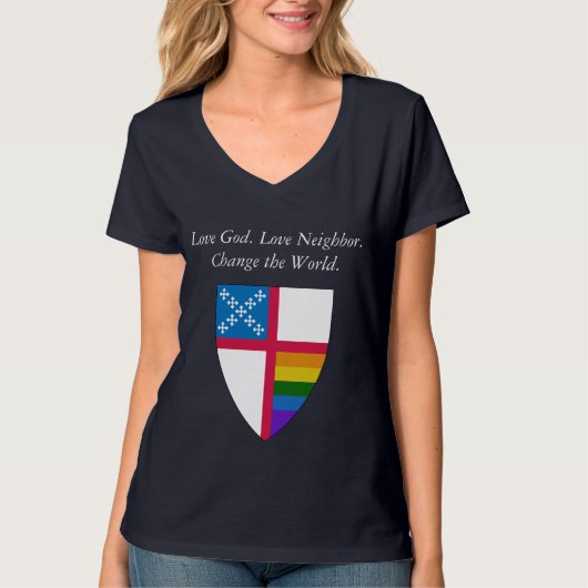 Liebe Gott. Nachbarschaft Liebe. Episcopal LGBTQ T-Shirt (Vorderseite)