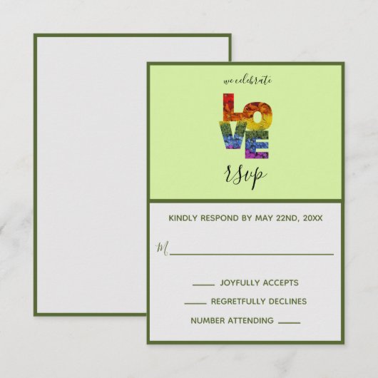 LIEBE Green Themed Same Wedding RSVP Card Karte (Vorne/Hinten)