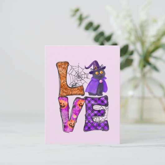 LIEBE Halloween-Design mit Black-Hexenkatze Postkarte (Stehend Vorderseite)