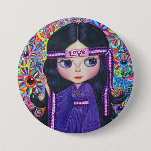 Liebe Headband Hippie Girl Doll Lila Psychedelic Button (Vorderseite)