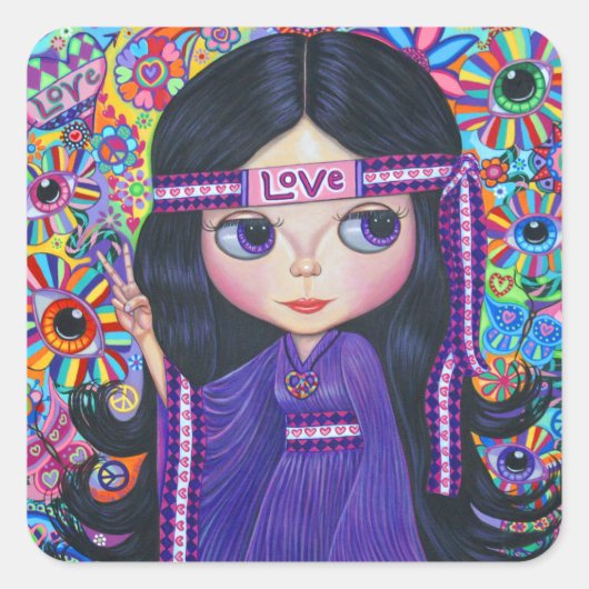 Liebe Headband Hippie Girl Doll Psychedelic Lila Quadratischer Aufkleber (Vorderseite)