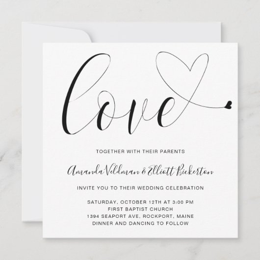 Liebe Heart Black and White Modern Wedding Einladung (Vorderseite)