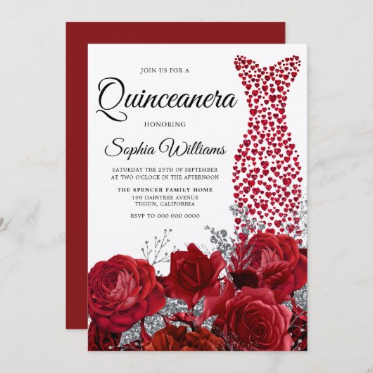 Liebe Heart Dress Rote Rosen Quinceanera Party Einladung (Vorne/Hinten)