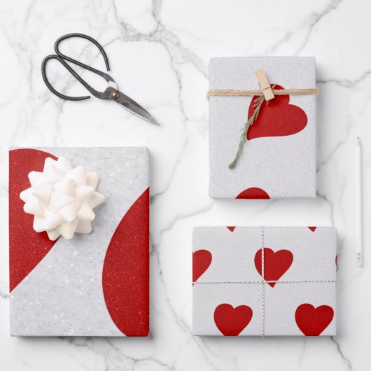 Liebe Heart Red Glitzer Valentine's Wrapping Paper Geschenkpapier Set (Vorderseite)
