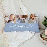 Liebe Heart Script Chambray Custom 3 Foto Collage Lendenkissen<br><div class="desc">Modernes und stilvolles Design im Stil eines Lumbalwirbelkissens mit einer Foto-Collage von drei (3) beliebten Fotos mit einem schlichten und minimalen weißen "Liebe" Typografie-Design,  das blüh- und Herzdetails enthält. Die hellen Farben Blau und Weiß können modifiziert werden.</div>