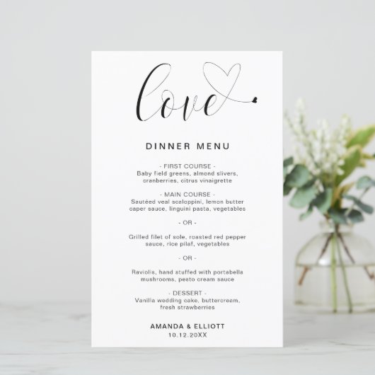 Liebe Heart Simple Modern Wedding Menu (Stehend Vorderseite)