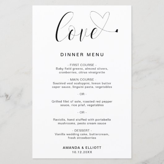 Liebe Heart Simple Modern Wedding Menu (Vorderseite)