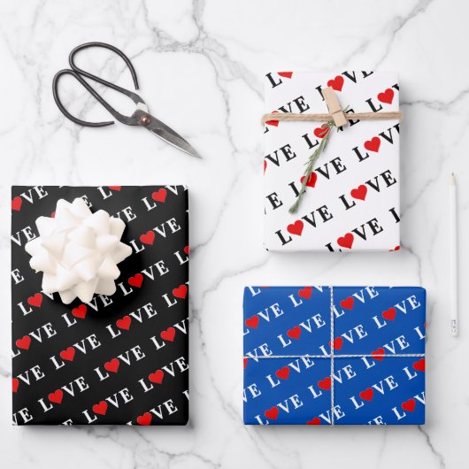 LIEBE Heart White Black Blue Geschenkpapier Set (Vorderseite)
