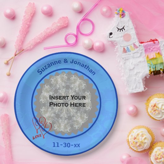 Liebe Hearts Blue Personalisiert Wedding Foto Pappteller (Party)