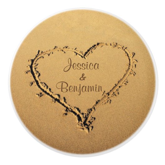 Liebe-Herz an den Strand-personalisierten Namen Keramikknauf (Vorderseite)