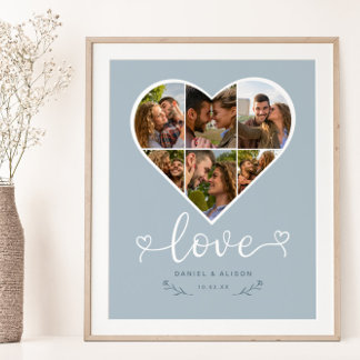Liebe Herz Foto Collage Grid Couple Blue Poster