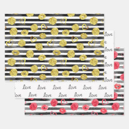 Liebe, Herz, Lippen, Rose und Streifen Geschenkpapier Set