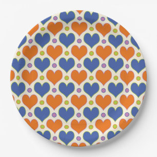 Liebe Herz & Polka Dottern Muster in Blau & Orange Pappteller