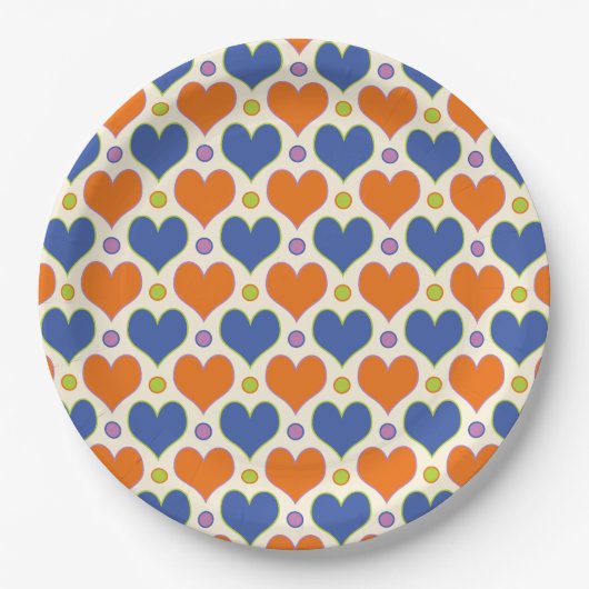 Liebe Herz & Polka Dottern Muster in Blau & Orange Pappteller (Vorderseite)