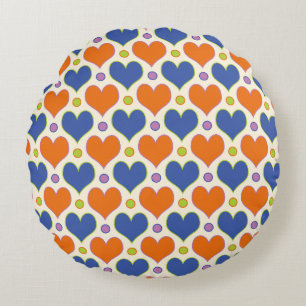 Liebe Herz & Polka Dottern Muster in Blau & Orange Rundes Kissen