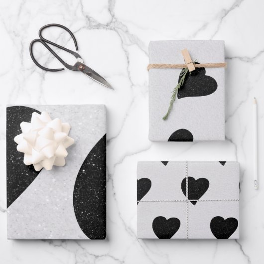 Liebe Herz Schwarzer Glitzer Valentine Geschenkpapier Set (Vorderseite)