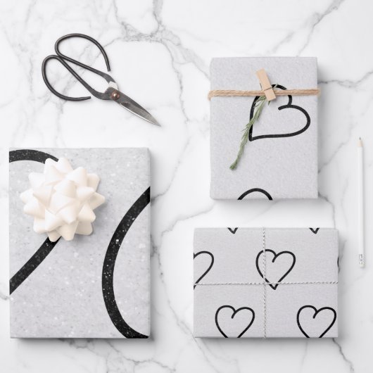 Liebe Herz Schwarzer Glitzer Valentine Wrapping Pa Geschenkpapier Set (Vorderseite)