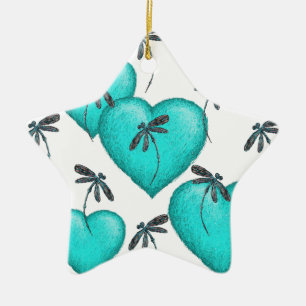 Liebe Herz und Libellen Türkis Keramik Ornament