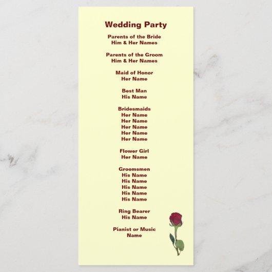 Liebe Herz und Rote Rose Hochzeitskarte Programm (Rückseite)