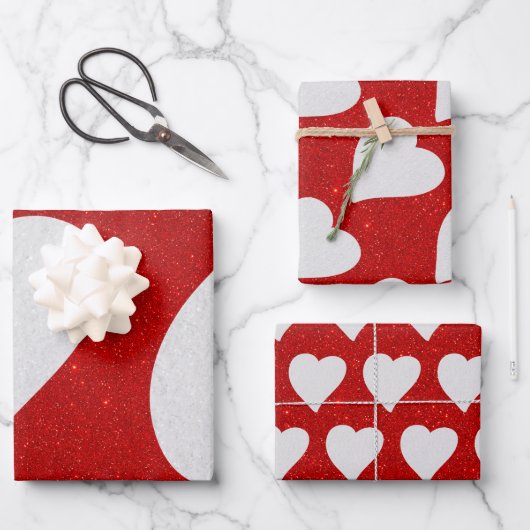 Liebe Herz Weißer Glitzer Valentine Wrapping Pape Geschenkpapier Set (Vorderseite)