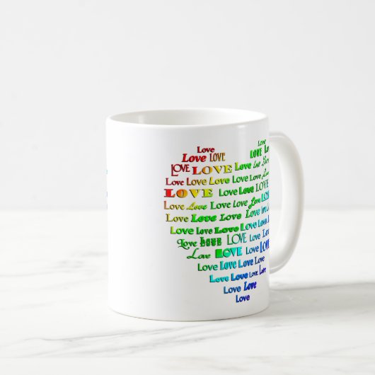 Liebe Herz Word Cloud in Regenbogenfarben Kaffeetasse (VorderseiteRechts)
