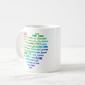 Liebe Herz Word Cloud in Regenbogenfarben Kaffeetasse (Vorderseite Links)