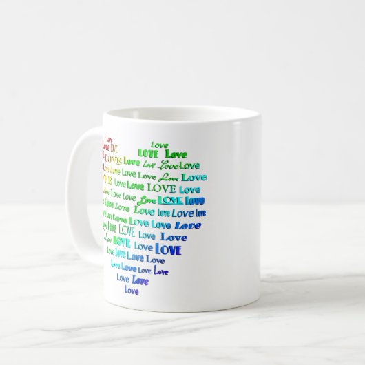 Liebe Herz Word Cloud in Regenbogenfarben Kaffeetasse (Vorderseite Links)