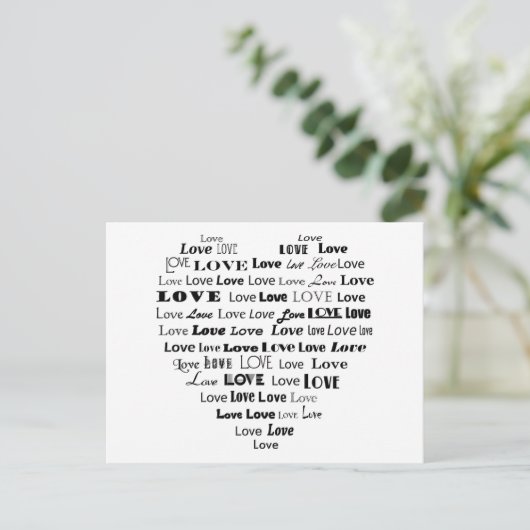 Liebe Herz Word Cloud - Schwarz auf Weiß Postkarte (Stehend Vorderseite)
