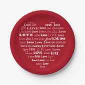 Liebe Herz Word Cloud - White on Dark Red Pappteller (Vorderseite)