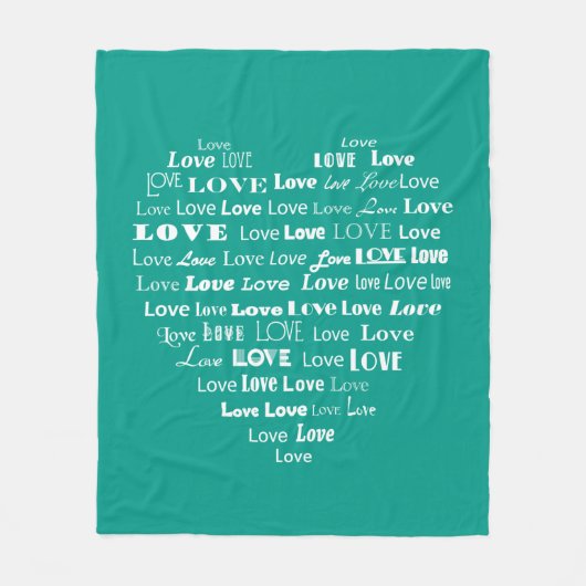Liebe-Herz-Wort-Wolke - Weiß auf Türkis Fleecedecke (Vorderseite)