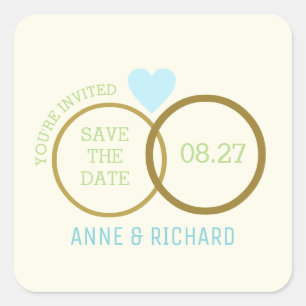 Liebe Herz & zwei Hochzeitsringe / Save the Date Quadratischer Aufkleber