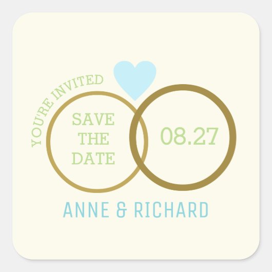 Liebe Herz & zwei Hochzeitsringe / Save the Date Quadratischer Aufkleber (Vorderseite)