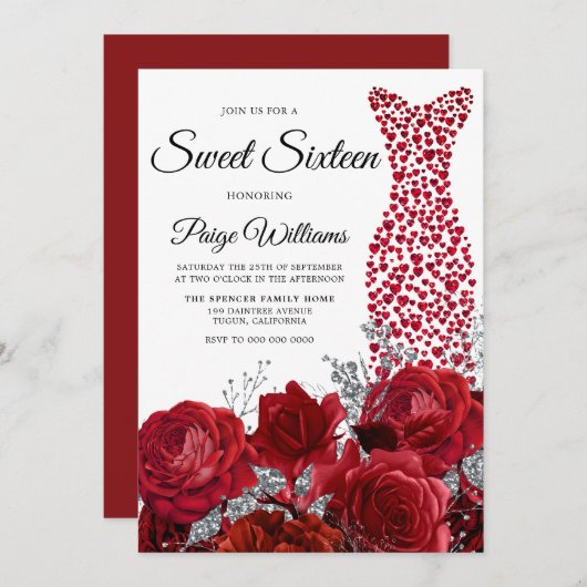 Liebe Herzkleid Rote Rosen Sweet 16 Party Einladung (Vorne/Hinten)