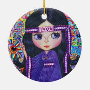 Liebe Hippie Girl Peace Sign Big Eyes Lila Niedlic Keramik Ornament