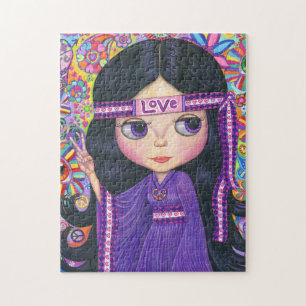 Liebe Hippie Girl Peace Signature Big Eyes Lila Puzzle