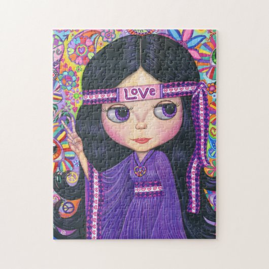 Liebe Hippie Girl Peace Signature Big Eyes Lila Puzzle (Vertikal)