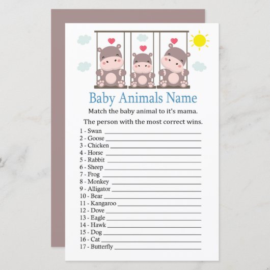 Liebe hippo Baby Animals Name Spiel (Vorne/Hinten)