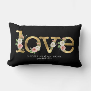 Liebe Hochzeit Aquarell Floral Schwarz Gold Namen Lendenkissen