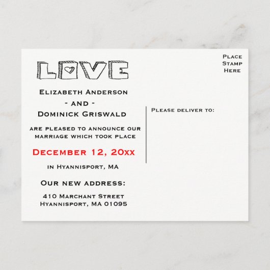 Liebe Hochzeit in Schwarz-Weiß Ankündigungspostkarte (Rückseite)