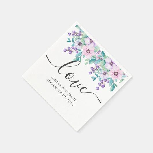 Liebe. Hochzeit mit lila und rosa Blumen Serviette (Ecke)